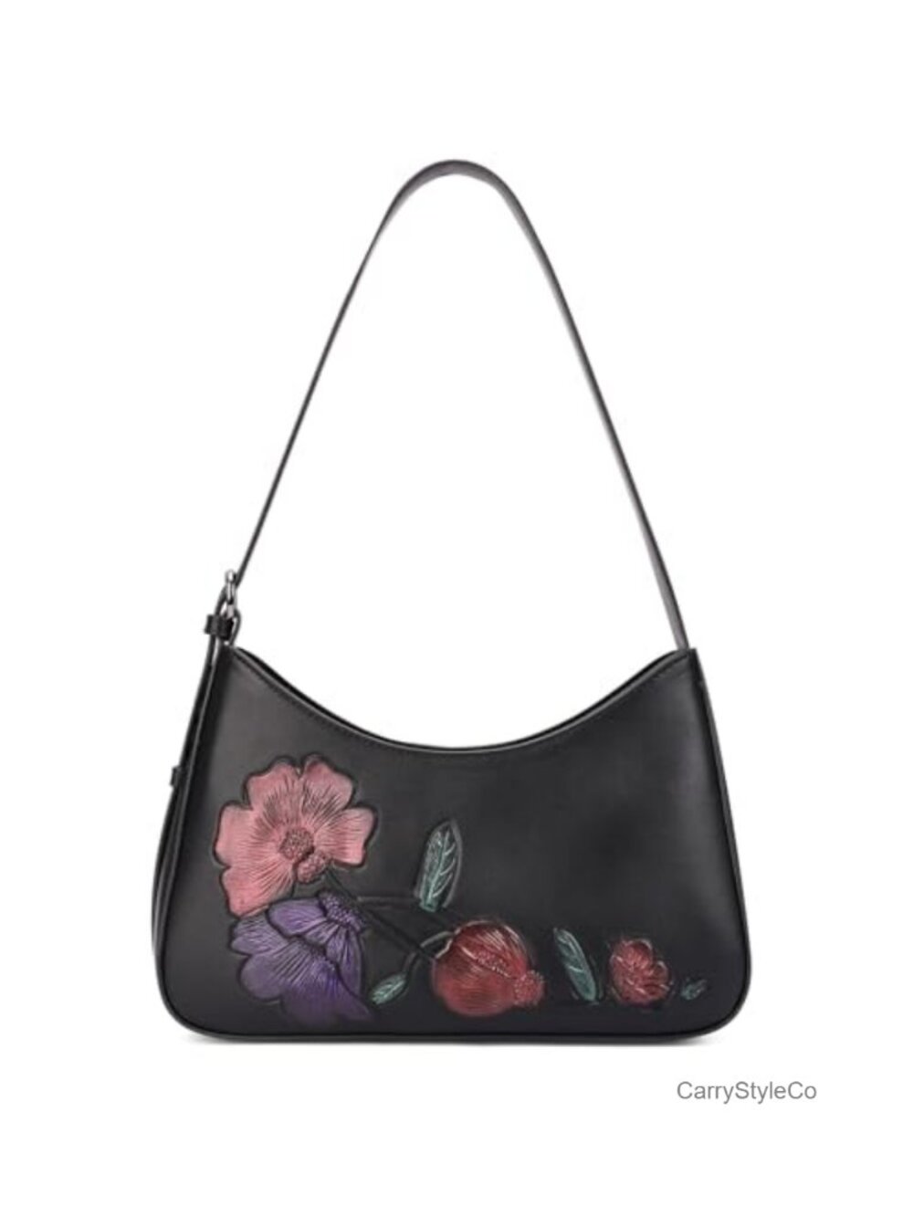 Floral Embossed Vegan Leather Crescent Hobo Shoulder Bag